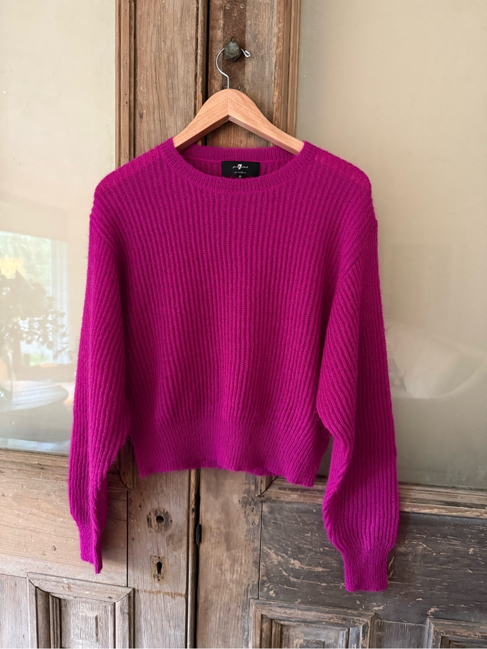 7 For All Mankind Ribbed Crewneck Sweater in Bright Fuchsia